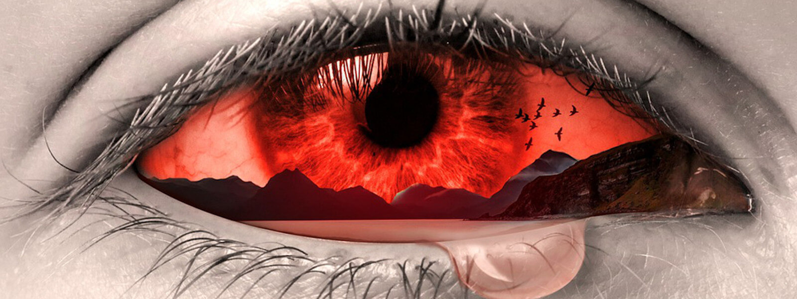 Painting of a crying eye, reflecting the landscape of a lake with mountains in red color.