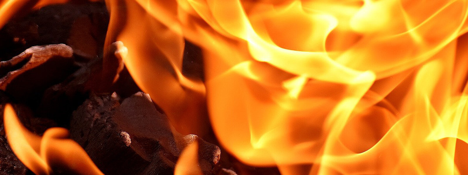 A closeup of flames in a burning fire.