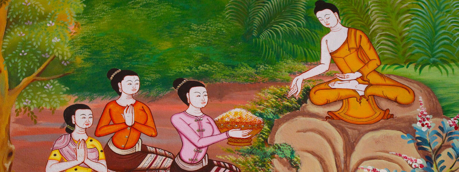 Thai temple mural of the Buddha receiving the meal from Sujata.