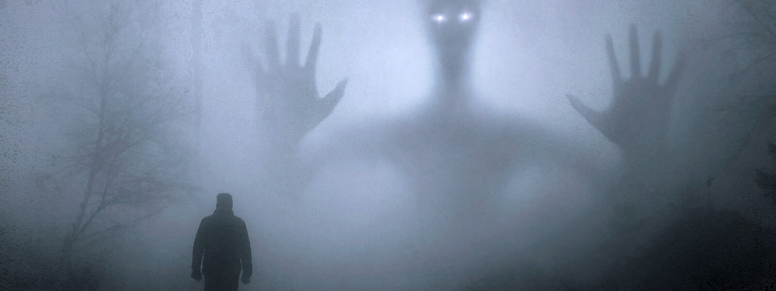 An large alien or ghost threatens a man in a misty forest.