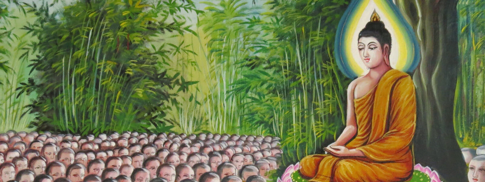 Painting of the Buddha teaching many monks. It's likely a mural in a Thai temple.