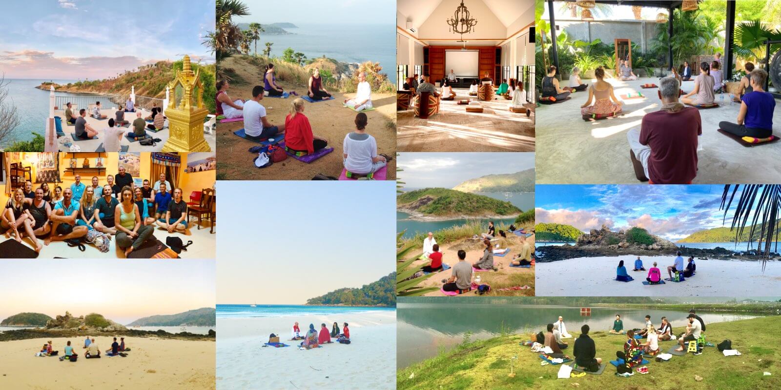 A collection of multiple small images from retreats with groups of people meditating together in nature.