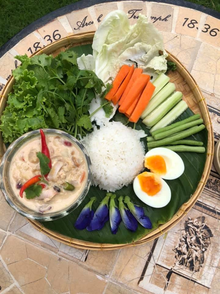 Herbal Thai dish with rice and eggs at Paradiso Pool Cafe